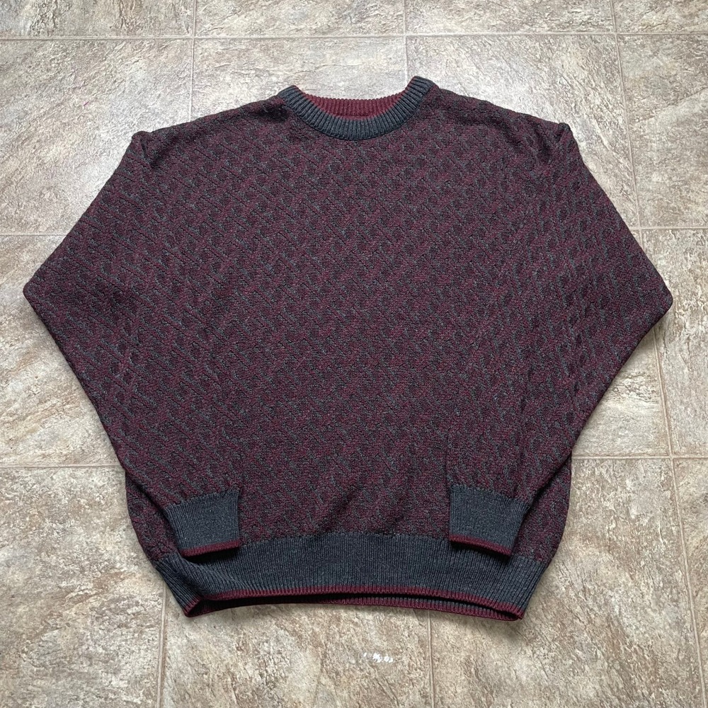 Vintage Jantzen Classics Mens Large Burgundy Grey Diamond Knit Crewneck Sweater